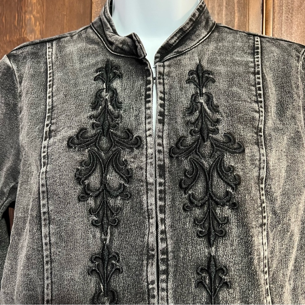 Soft Surroundings Charcoal Embroidered Tunic Military Denim Jacket Black Washed - Picture 4 of 16